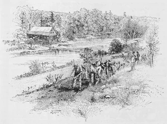 Jericho Mills: Cuerpo de ingenieros de la Unión trabajando, grabado por Harry Fenn (183845-1911) a partir de una fotografía, ilustración de 